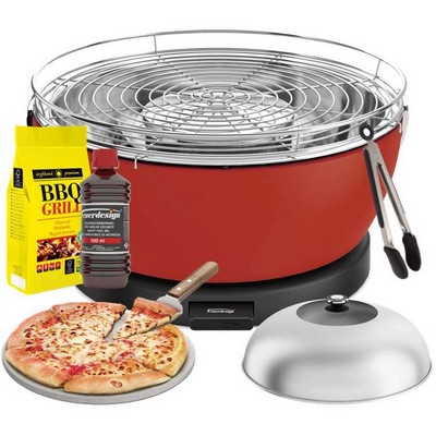 Feuerdesign vesuvio grill rot - kit mit zündgel + kohle 3 kg + zange + pizzastein
